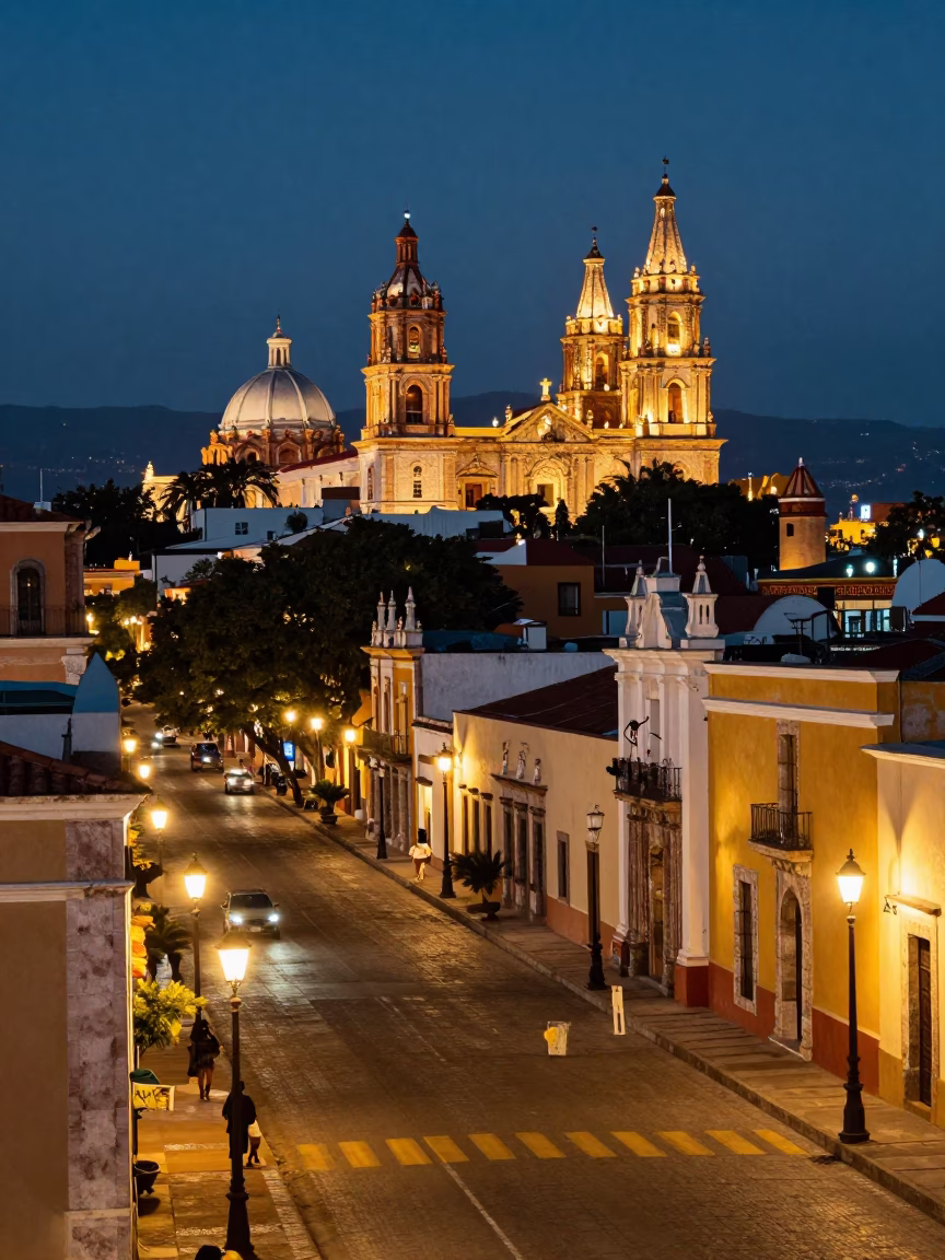 Merida Mexico City Lights Glow Over Colonial Street and University Cloister Walkway in in Merida, Mexico