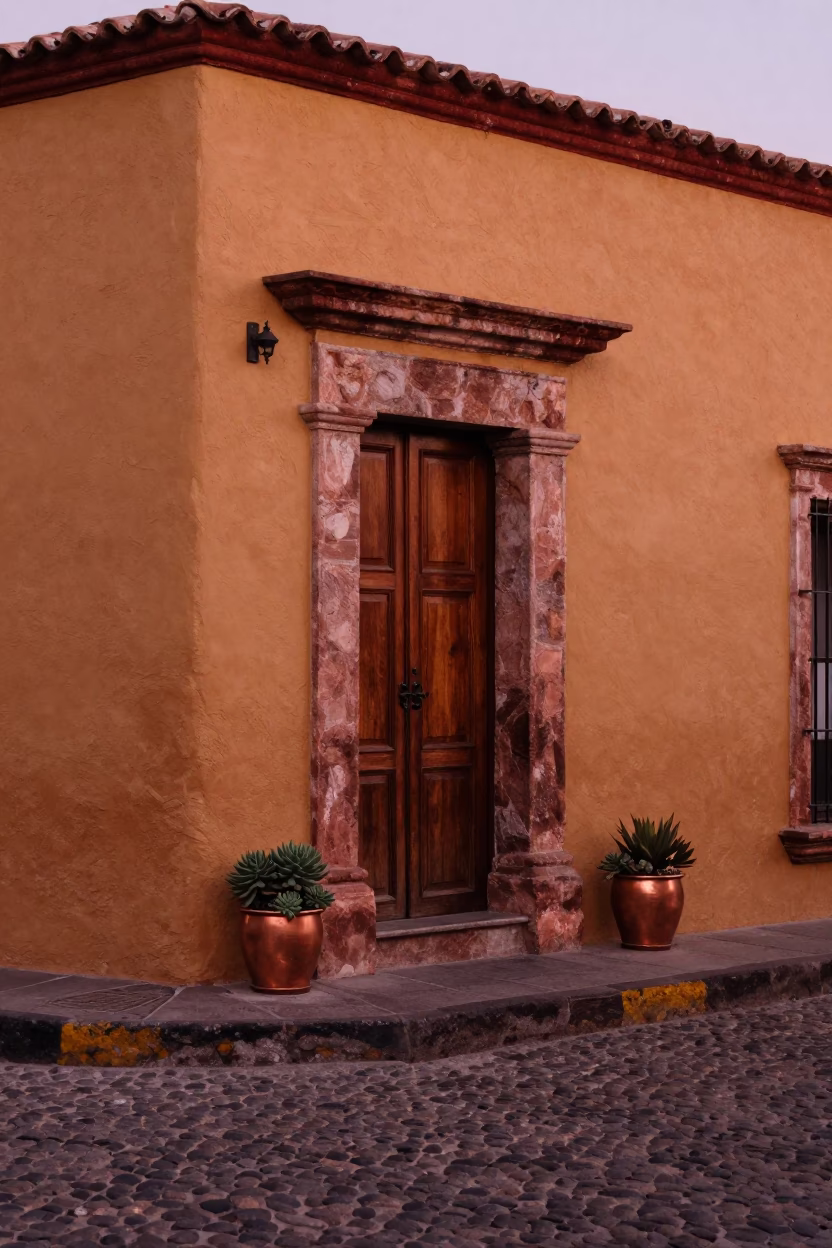 Merida Mexico Cobblestone Street Corner with Potted Succulents in Copper Dusk Light in in Merida, Mexico