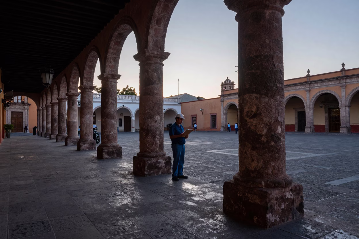 Merida Mexico Dawn Street Scene with Clipboard and Colonial Architecture in in Merida, Mexico