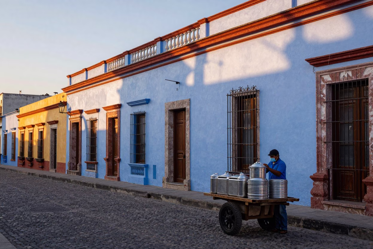 Merida Mexico Dawn Street Scene with Colorful Colonial Architecture and Local Morning Activity in in Merida, Mexico