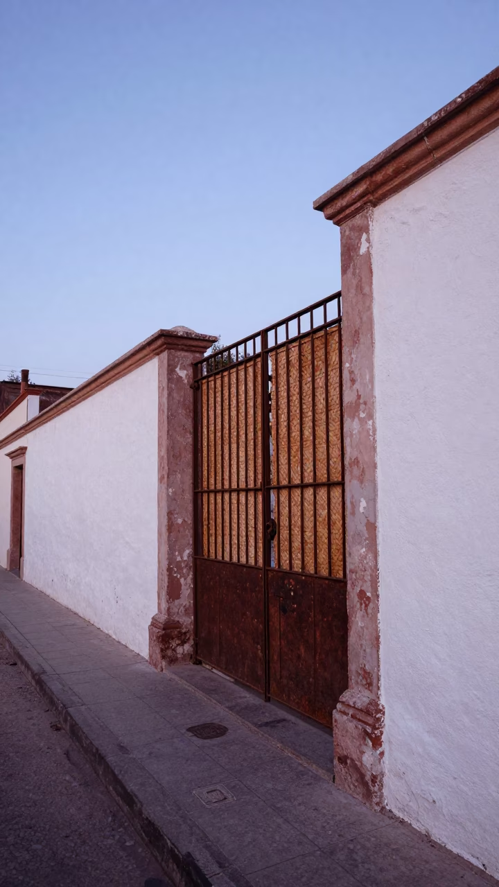 Merida Mexico Dawn Street Scene With Garden Gate And Woven Baskets in in Merida, Mexico