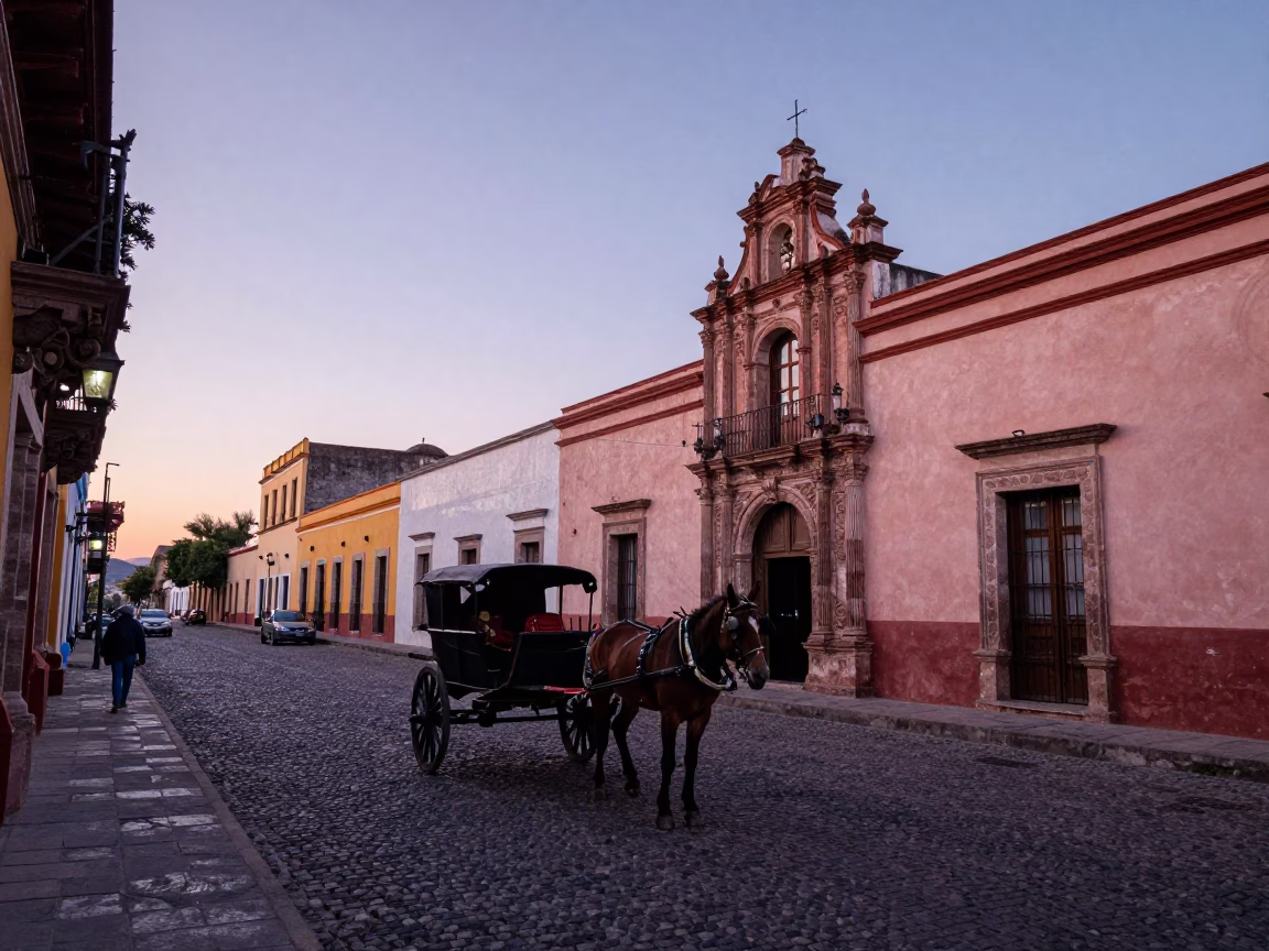 Merida Mexico Dawn Street Scene with Horse Cart and Colonial Architecture in in Merida, Mexico