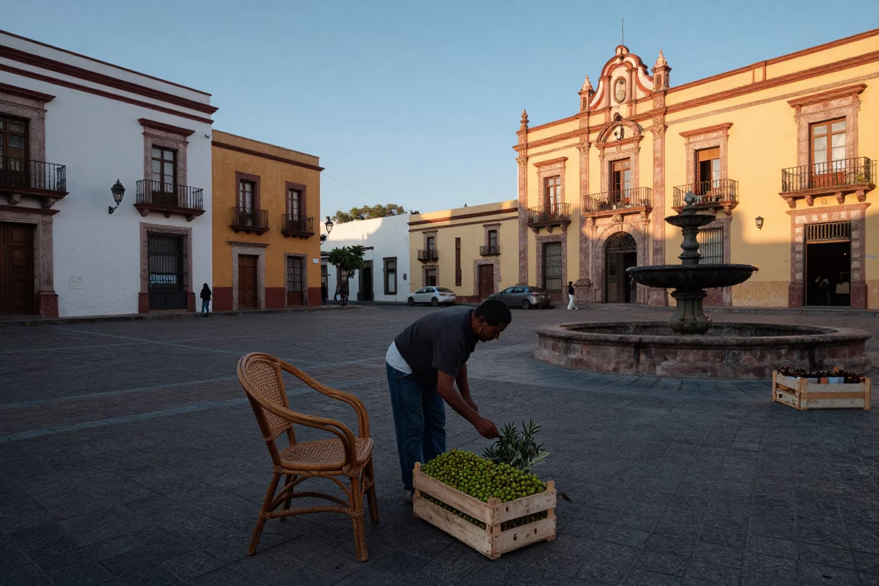 Merida Mexico Dawn Street Scene with Rattan Chair and Olives in in Merida, Mexico
