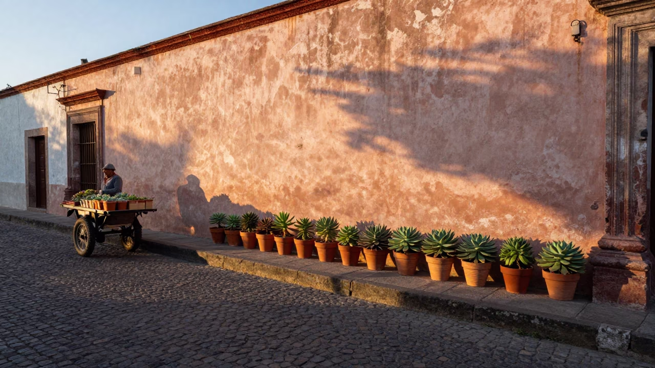 Merida Mexico Dawn Street Scene with Row of Succulents in Terracotta Pots in in Merida, Mexico