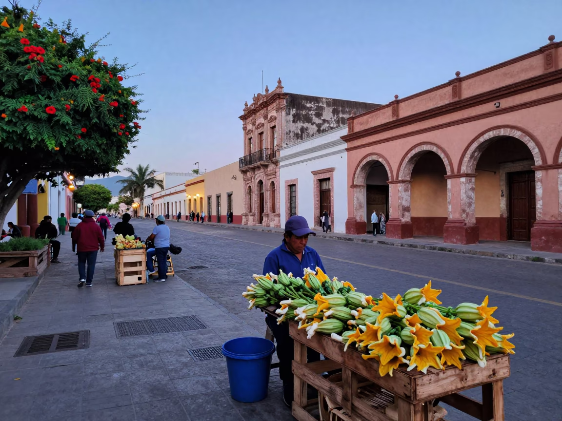 Merida Mexico Dawn Street Scene with Squash Blossoms and Local Market Activity in in Merida, Mexico