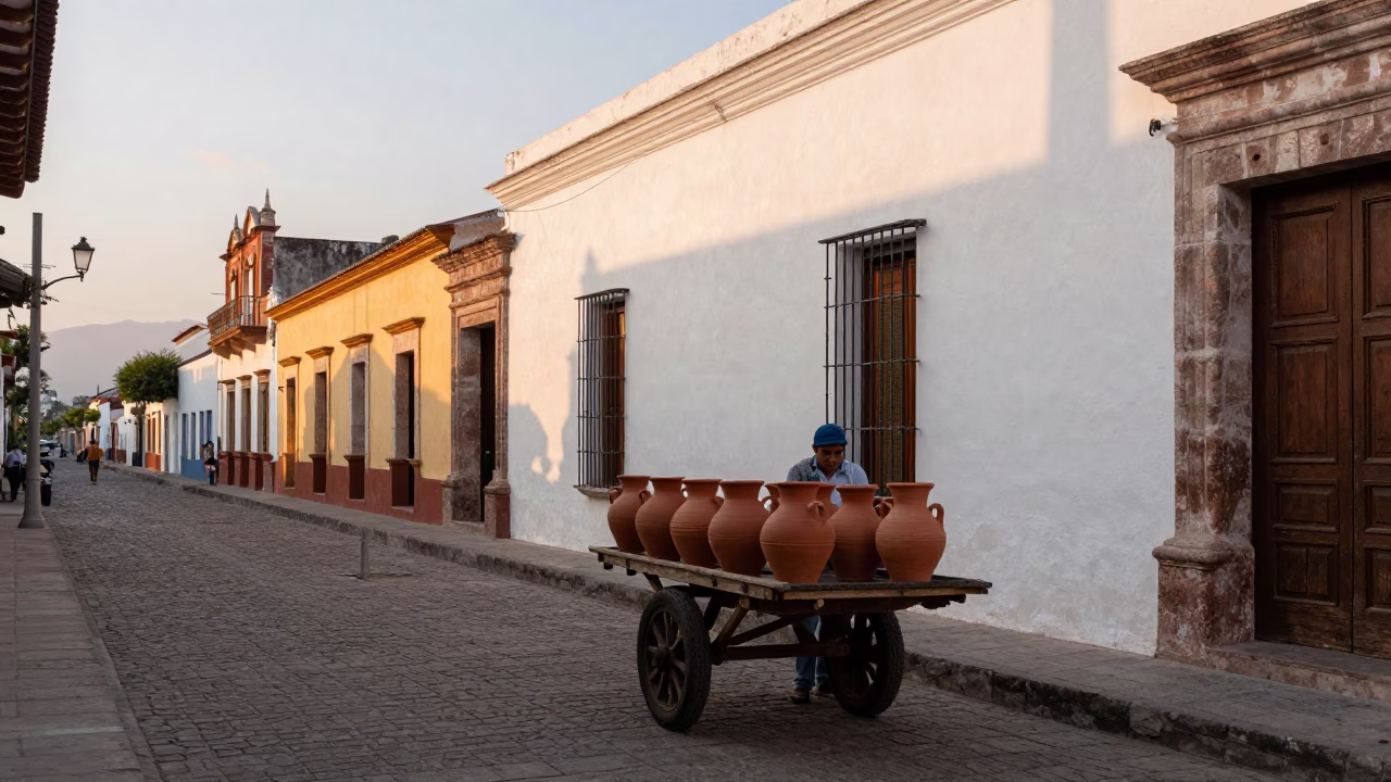 Merida Mexico dawn street scene with terracotta pots and colonial architecture in in Merida, Mexico