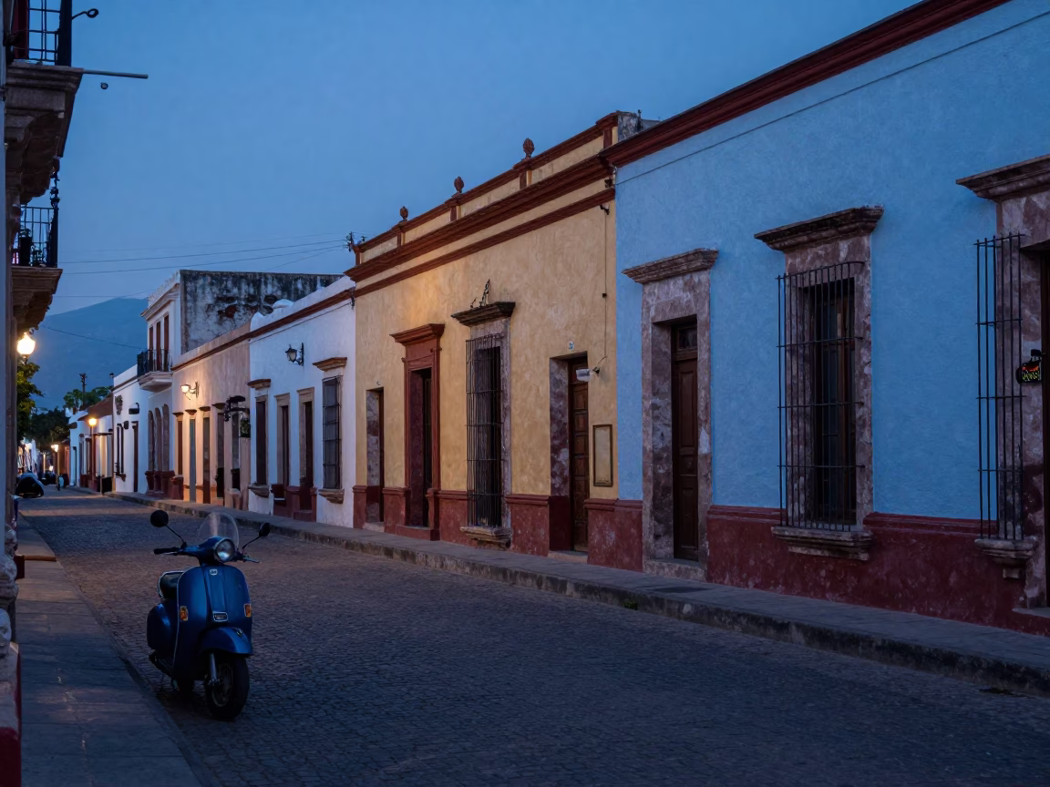 Merida Mexico Dawn Street Scene with Vintage Scooter and Colonial Architecture in in Merida, Mexico