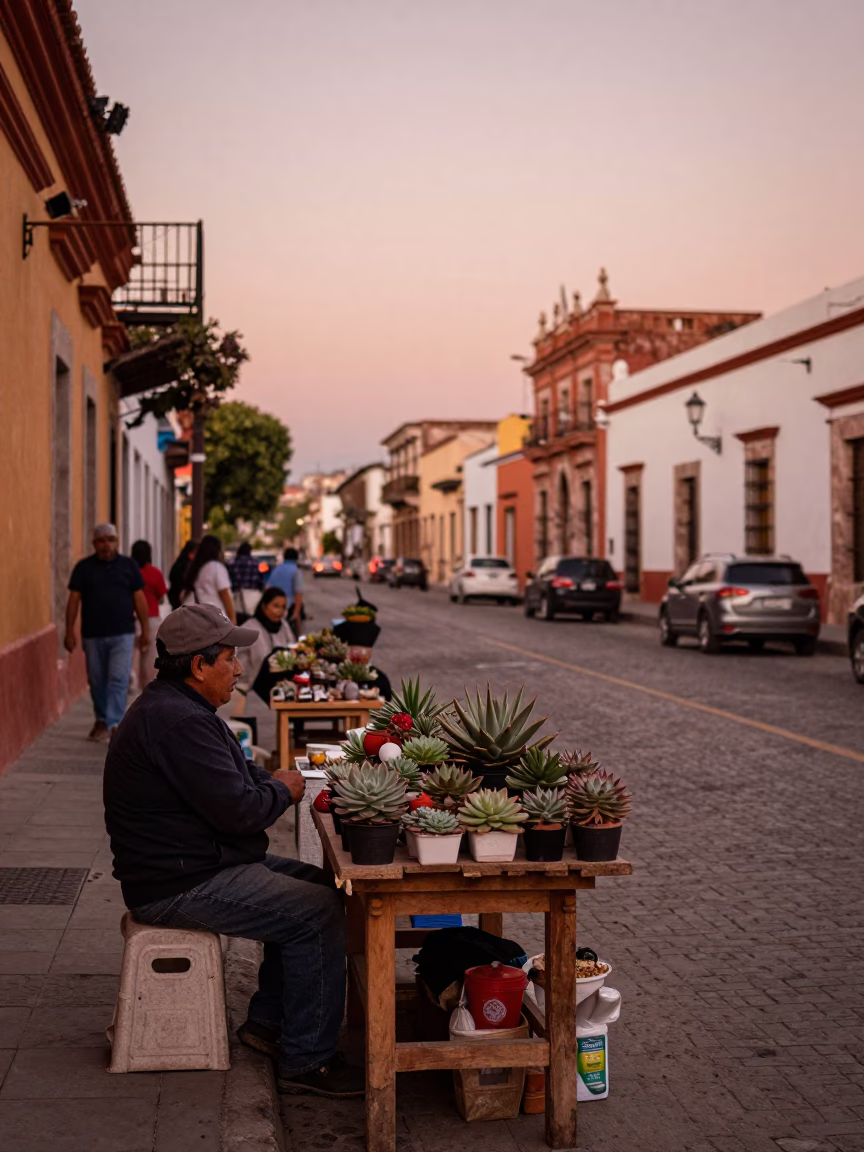 Merida Mexico Dusk Street Scene with Local Vendors and Echeveria Plants in in Merida, Mexico