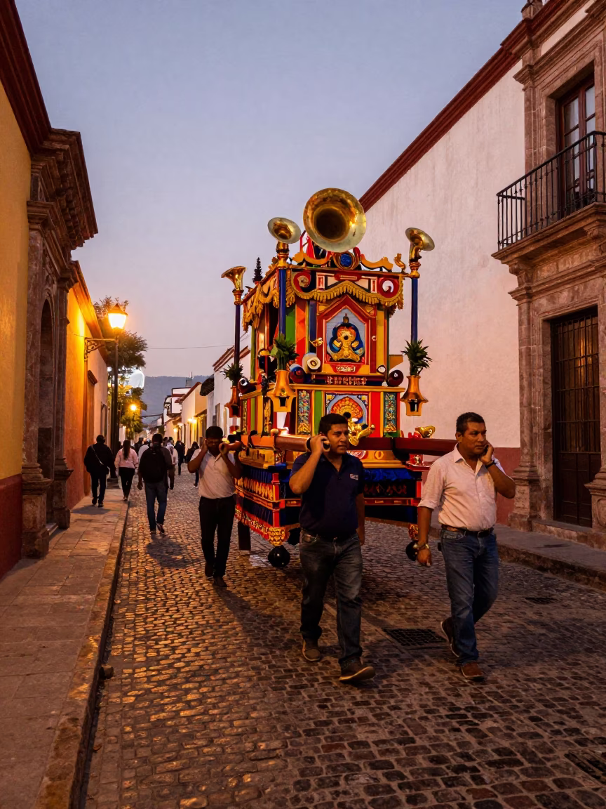 Merida Mexico Dusk Street Scene with Processional Float and Brass Details in in Merida, Mexico