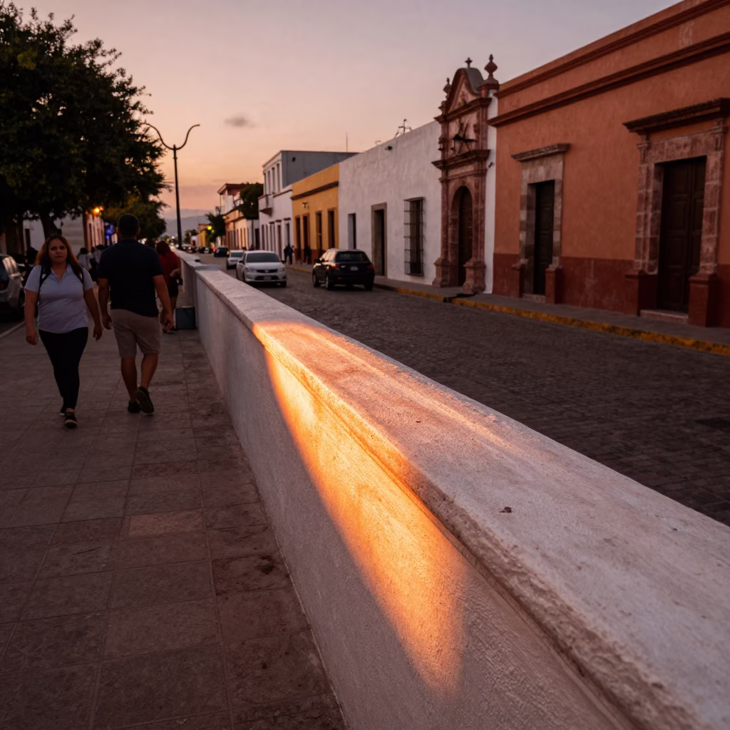 Merida Mexico Dusk Street Scene with Sun Stripe and Local Market Activity in in Merida, Mexico