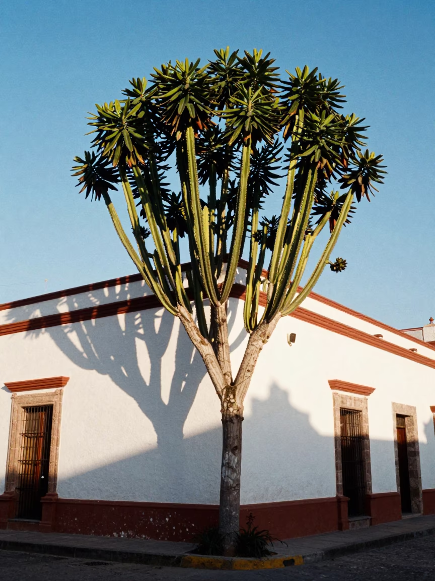 Merida Mexico Early Afternoon Euphorbia Candelabra Tree Blue Sky Dappled Shadows in in Merida, Mexico