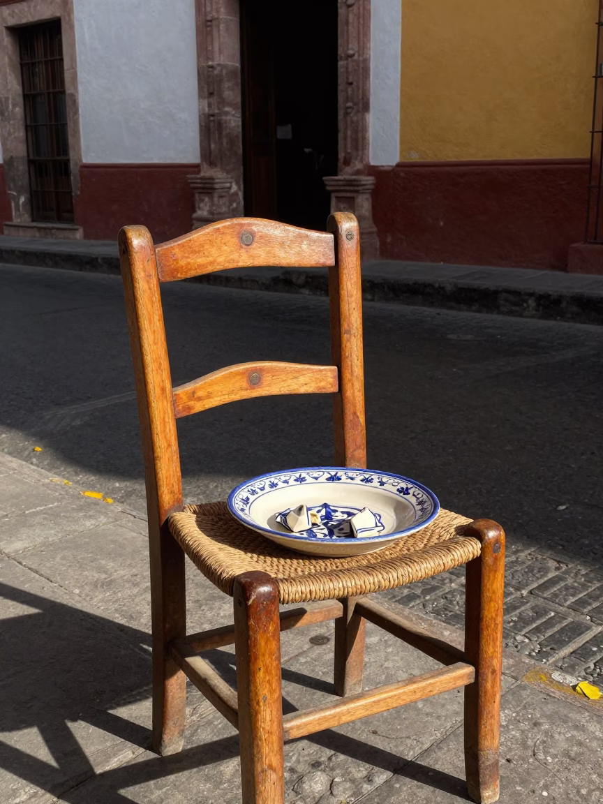 Merida Mexico Early Afternoon Street Scene with Ceramic Plate and Wooden Chair in in Merida, Mexico