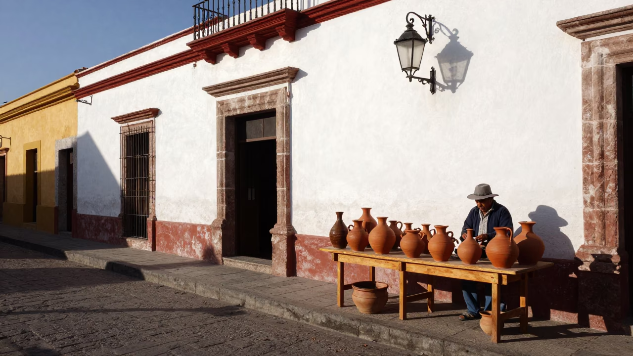 Merida Mexico Early Afternoon Street Scene with Traditional Pottery and Local Market Activity in in Merida, Mexico