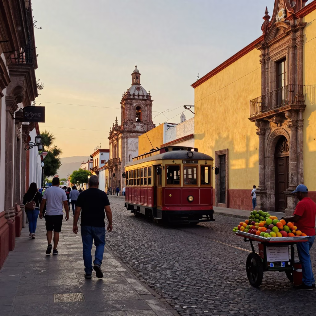 Merida Mexico Early Evening Street Scene with Heritage Tram and Colorful Architecture in in Merida, Mexico