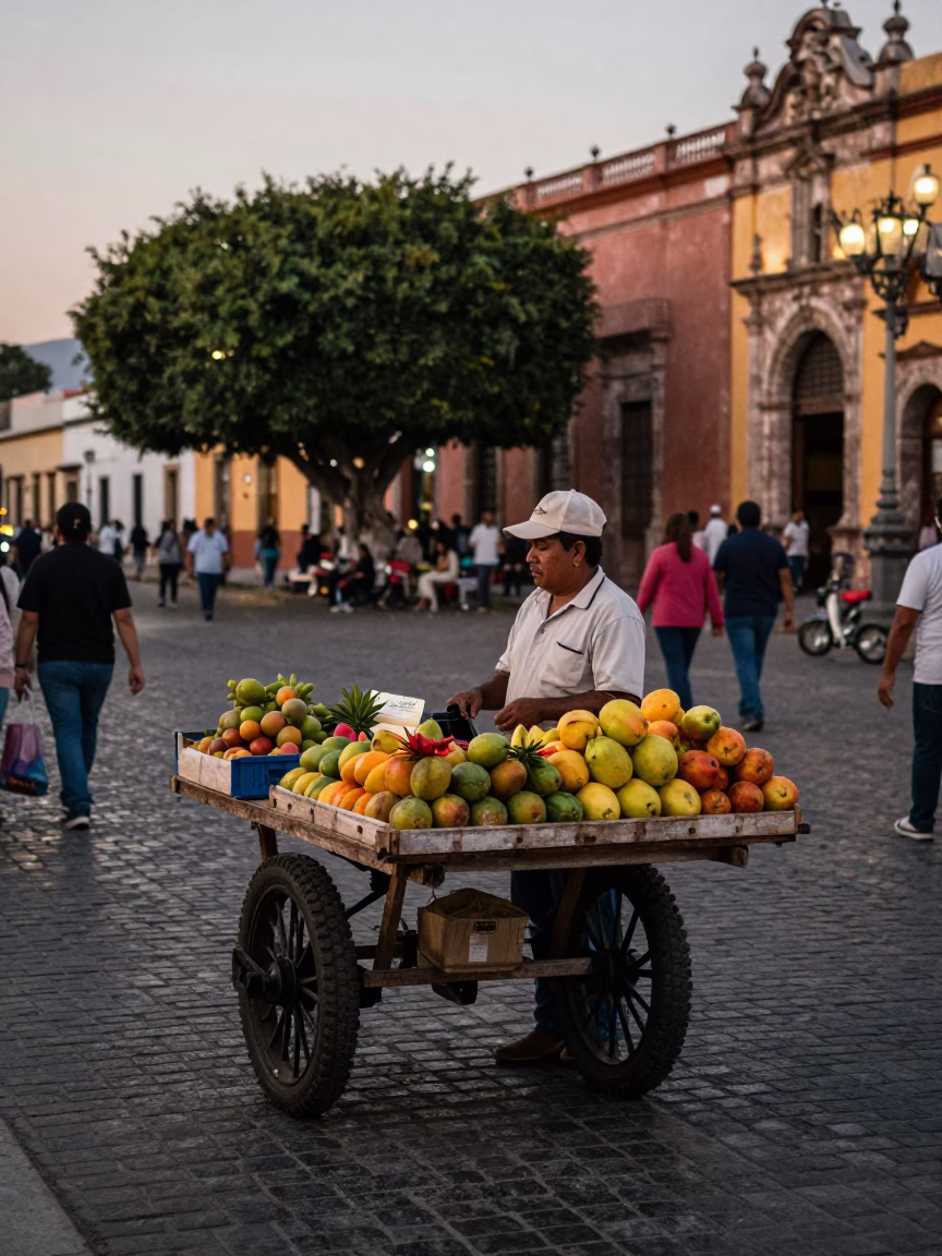 Merida Mexico Early Evening Street Scene with Local Market Vendor and Pedestrians in in Merida, Mexico