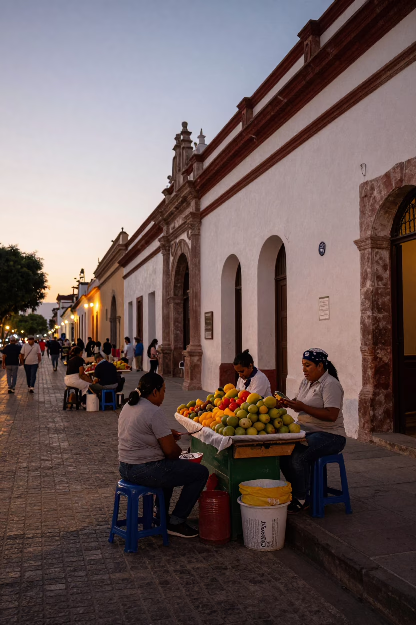 Merida Mexico Early Evening Street Scene with Local Vendors and Traditional Architecture in in Merida, Mexico