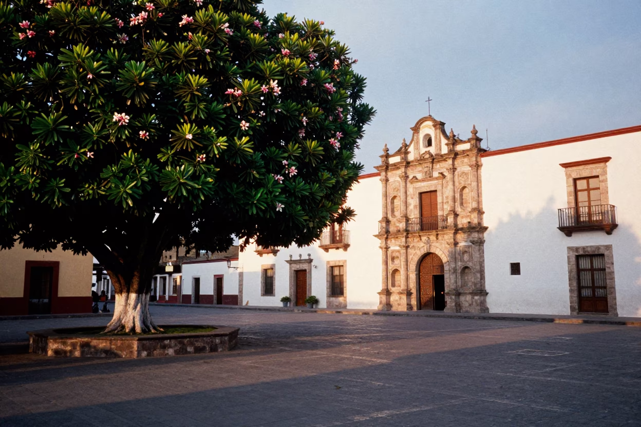 Merida Mexico Early Evening Street Scene with Magnolia Tree and Local Life in in Merida, Mexico