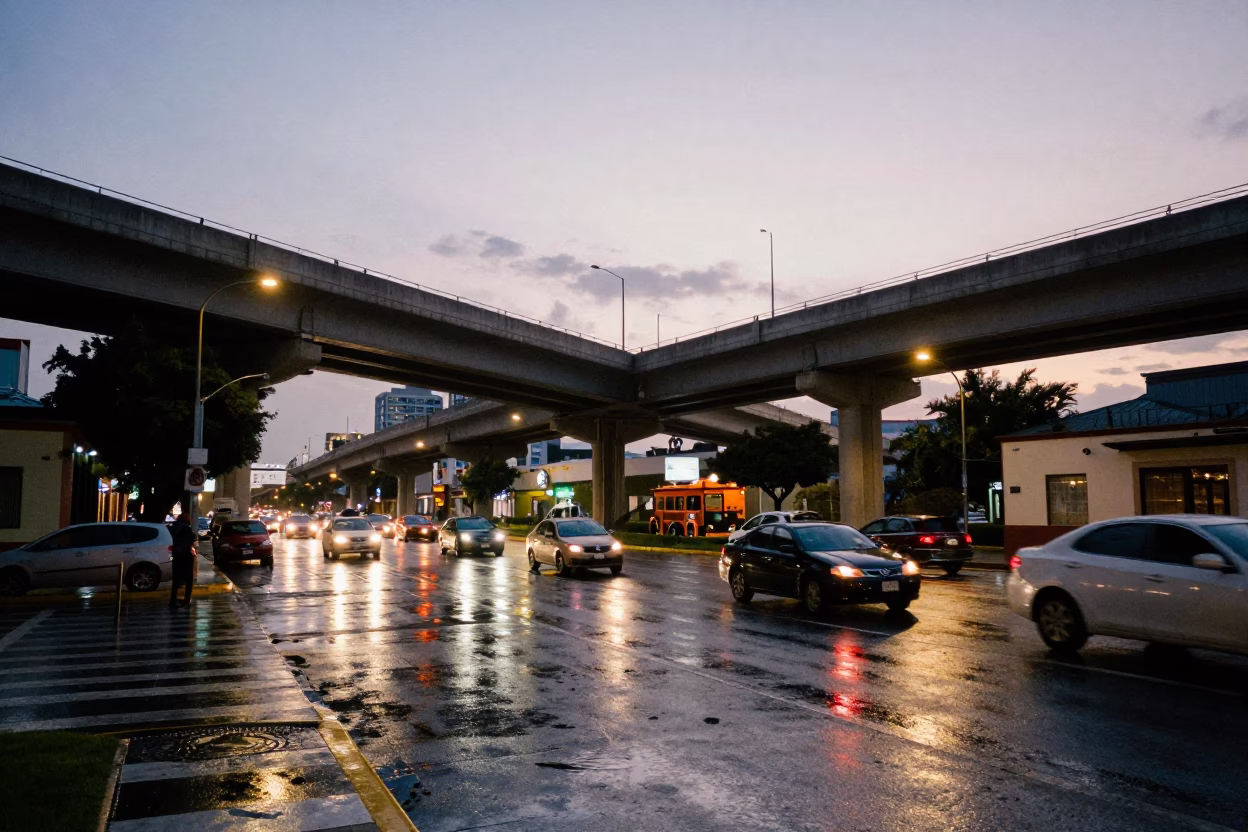 Merida Mexico Early Evening Street Scene with Overpass Interchange Glowing with Taillights After Rain in in Merida, Mexico