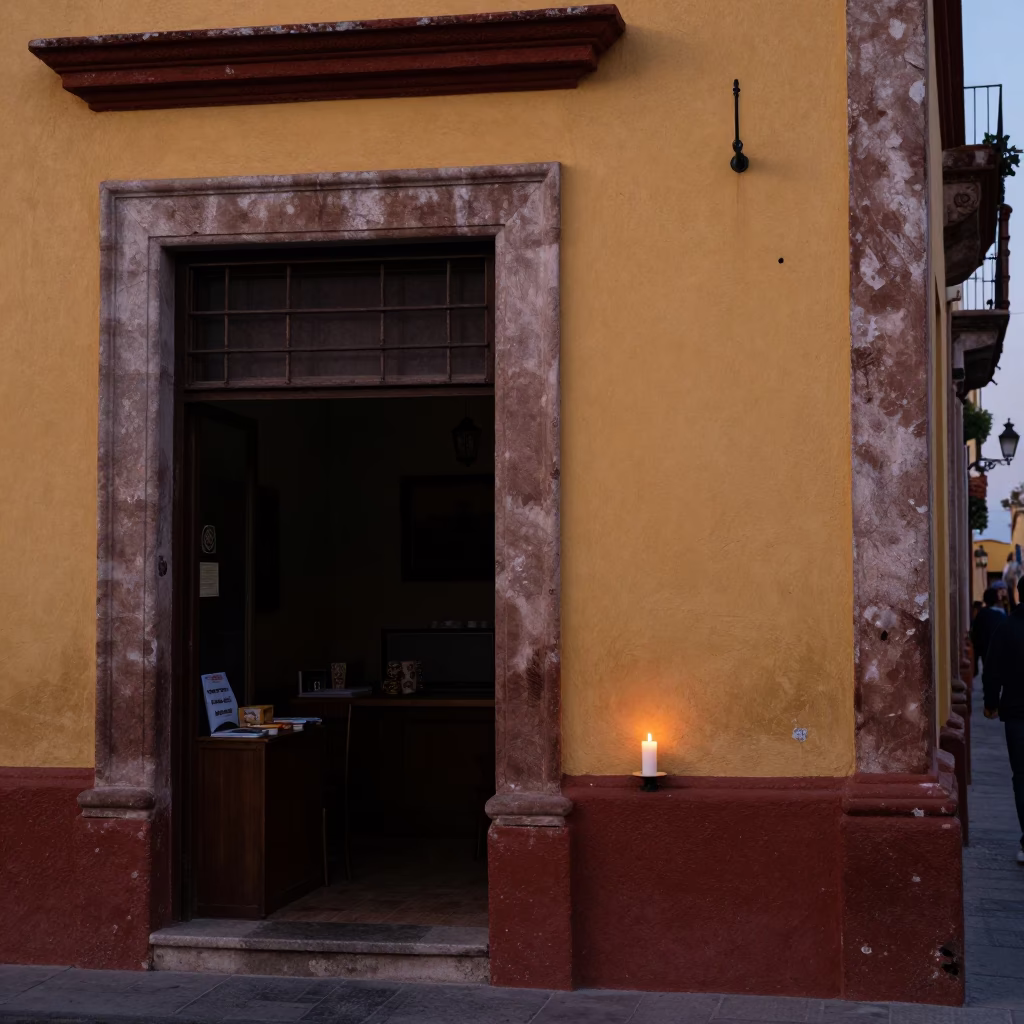 Merida Mexico Early Evening Street Scene with Taper Candle and Local Details in in Merida, Mexico