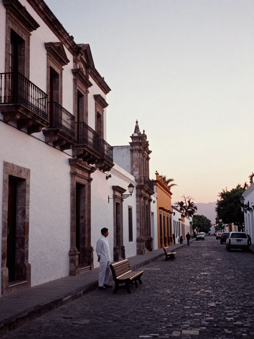 Merida Mexico Early Evening Street Scene with Traditional Colonial Architecture and Local Life in in Merida, Mexico