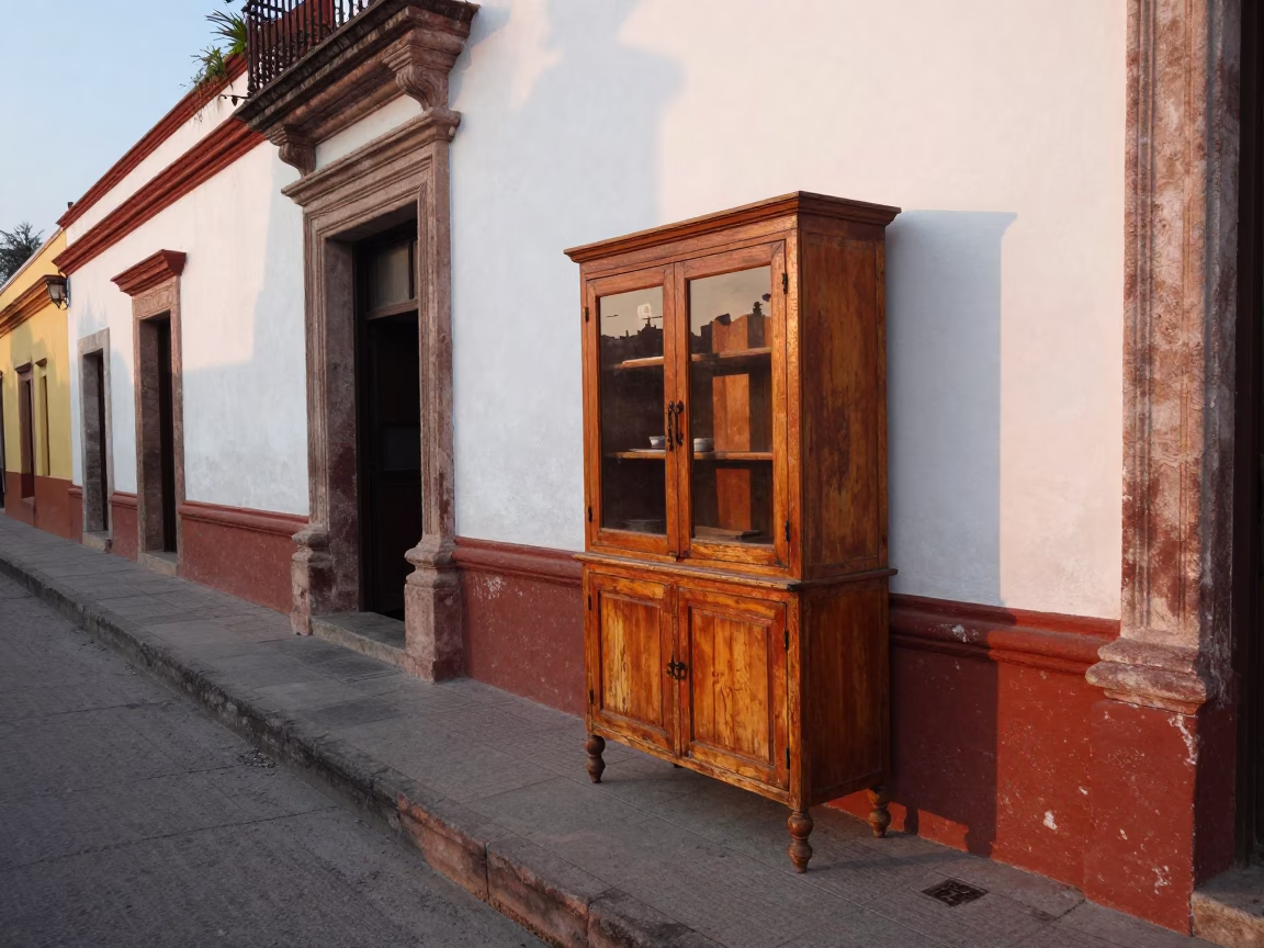 Merida Mexico Early Morning Street Scene with Vintage Classroom Cabinet and Local Life in in Merida, Mexico