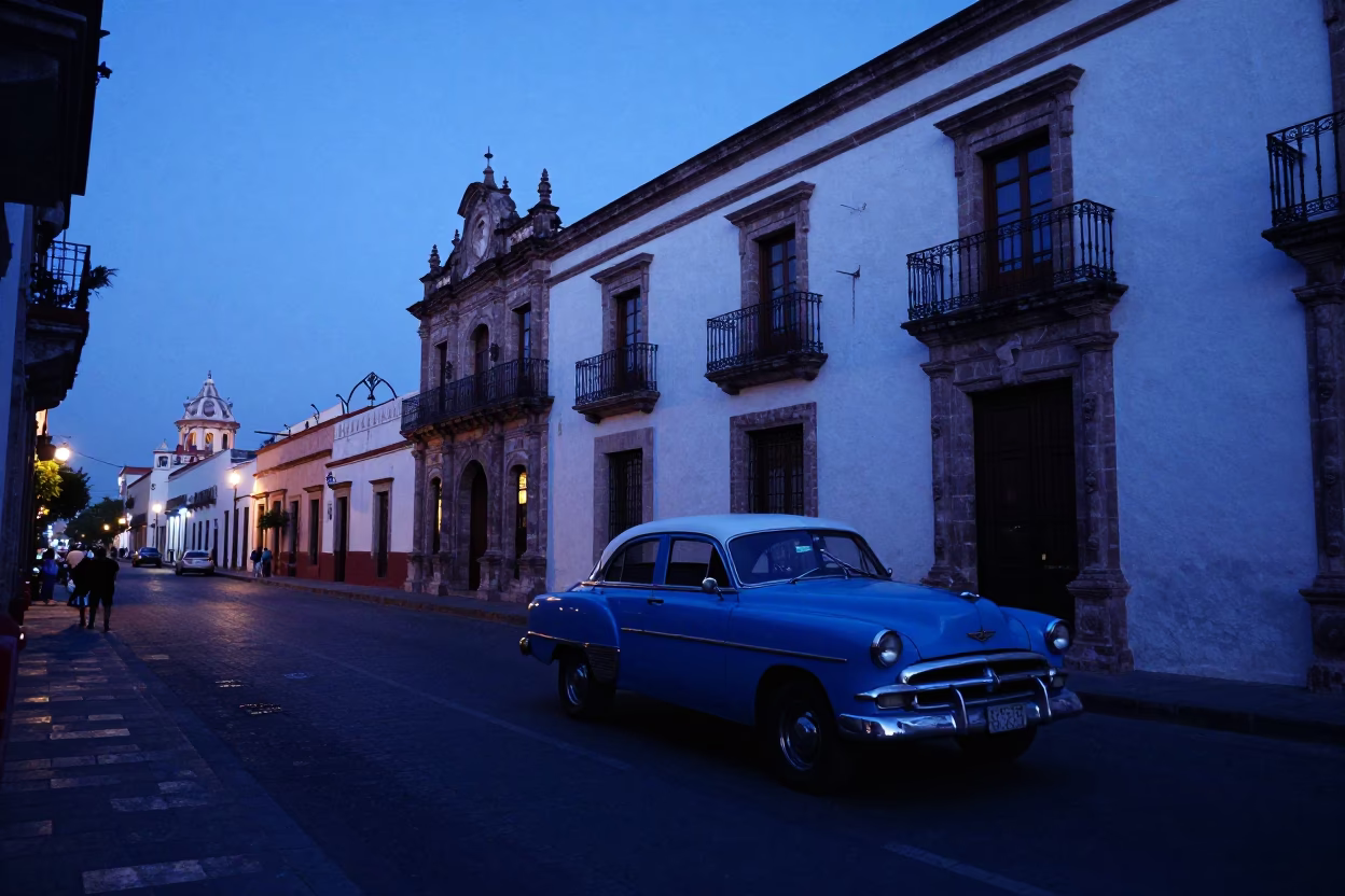 Merida Mexico Evening Blue Hour Street Scene with Vintage Car and Colored Glass Bottle in in Merida, Mexico
