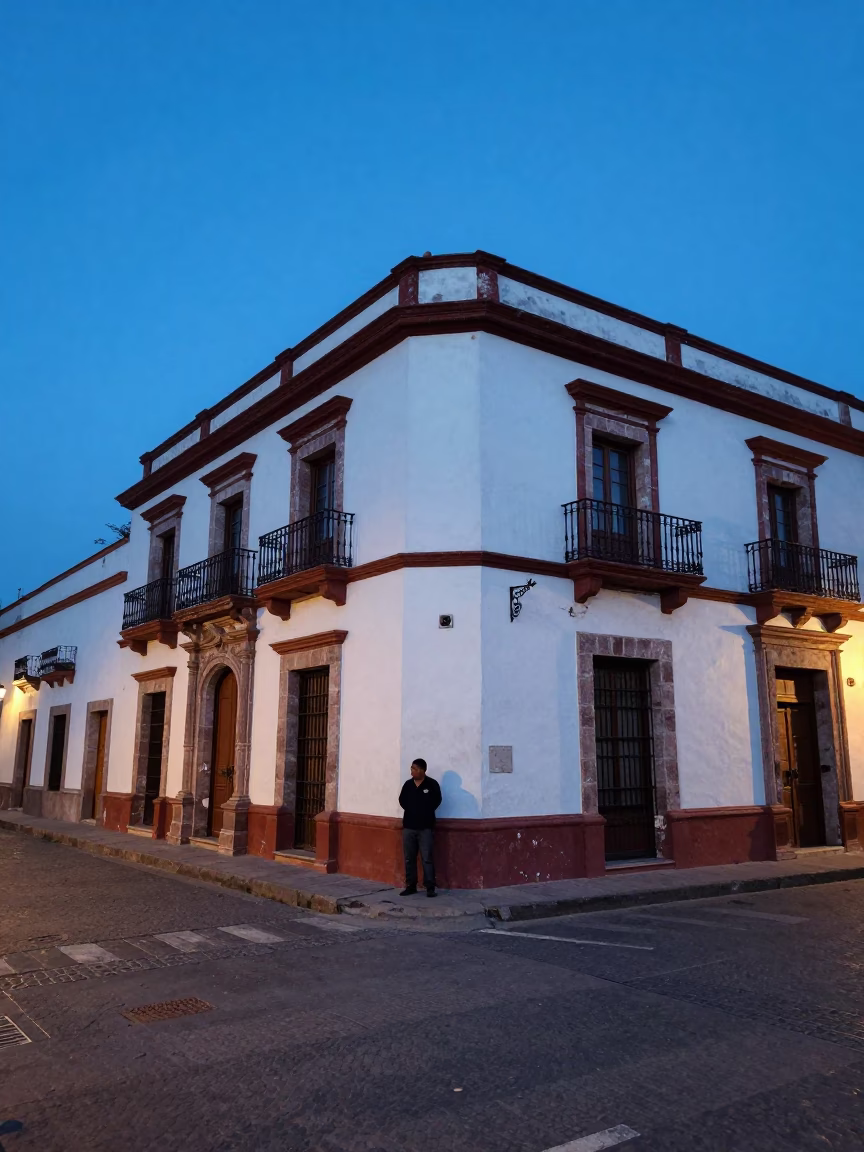 Merida Mexico Evening Blue Hour Street Scene with Vintage Details and Local Life in in Merida, Mexico