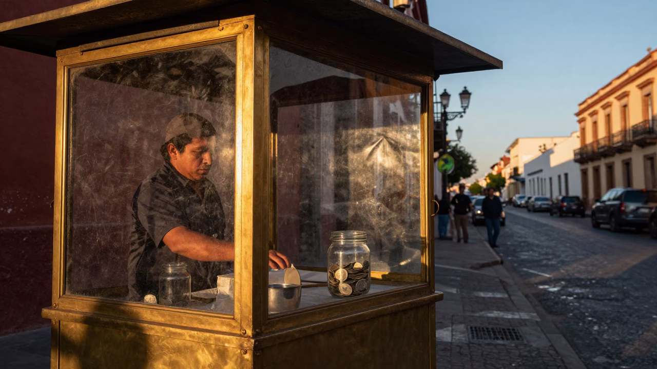 Merida Mexico Evening Street Scene with Brass Frame and Glass Jar Lighting in in Merida, Mexico