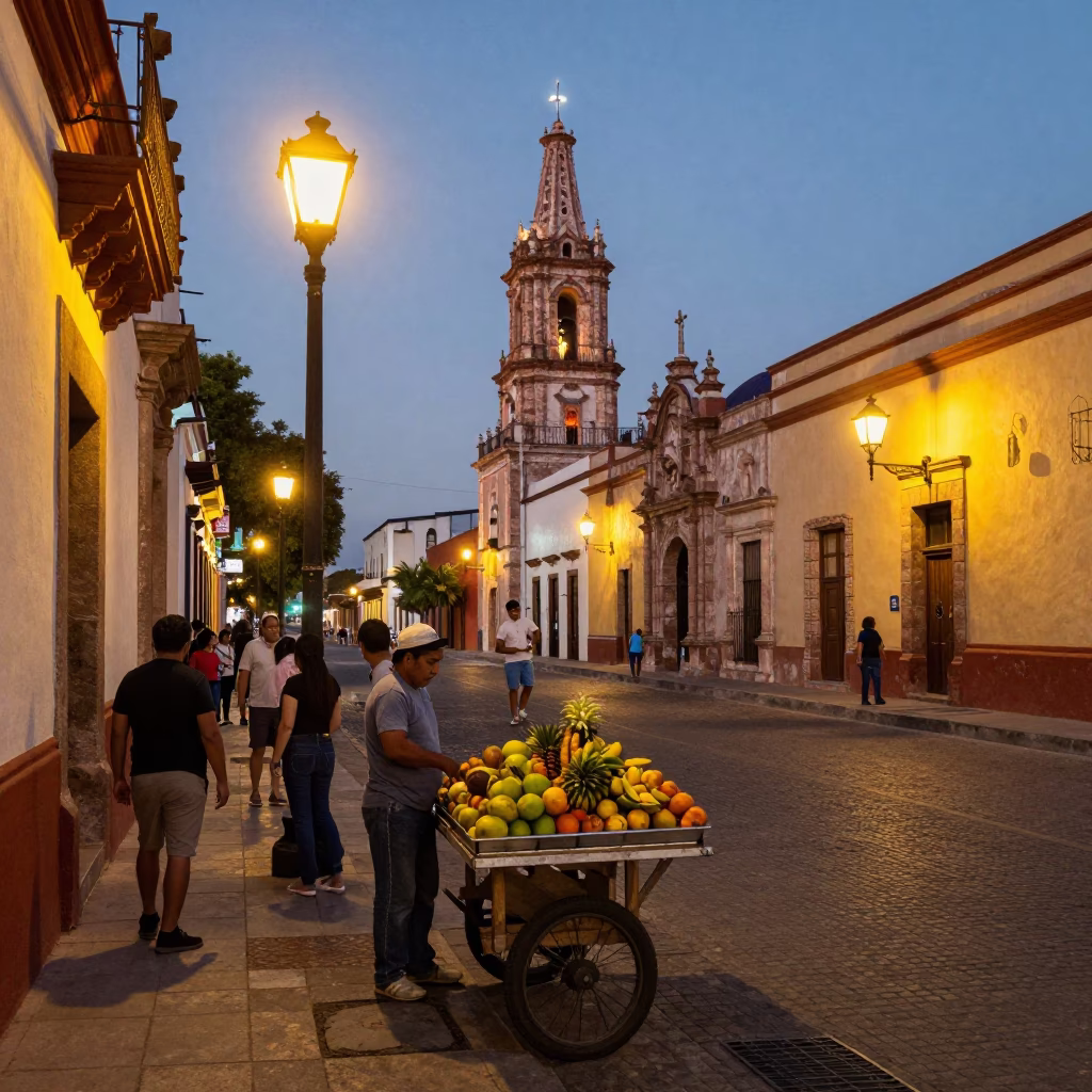 Merida Mexico Evening Street Scene with Colonial Architecture and Local Commerce in in Merida, Mexico