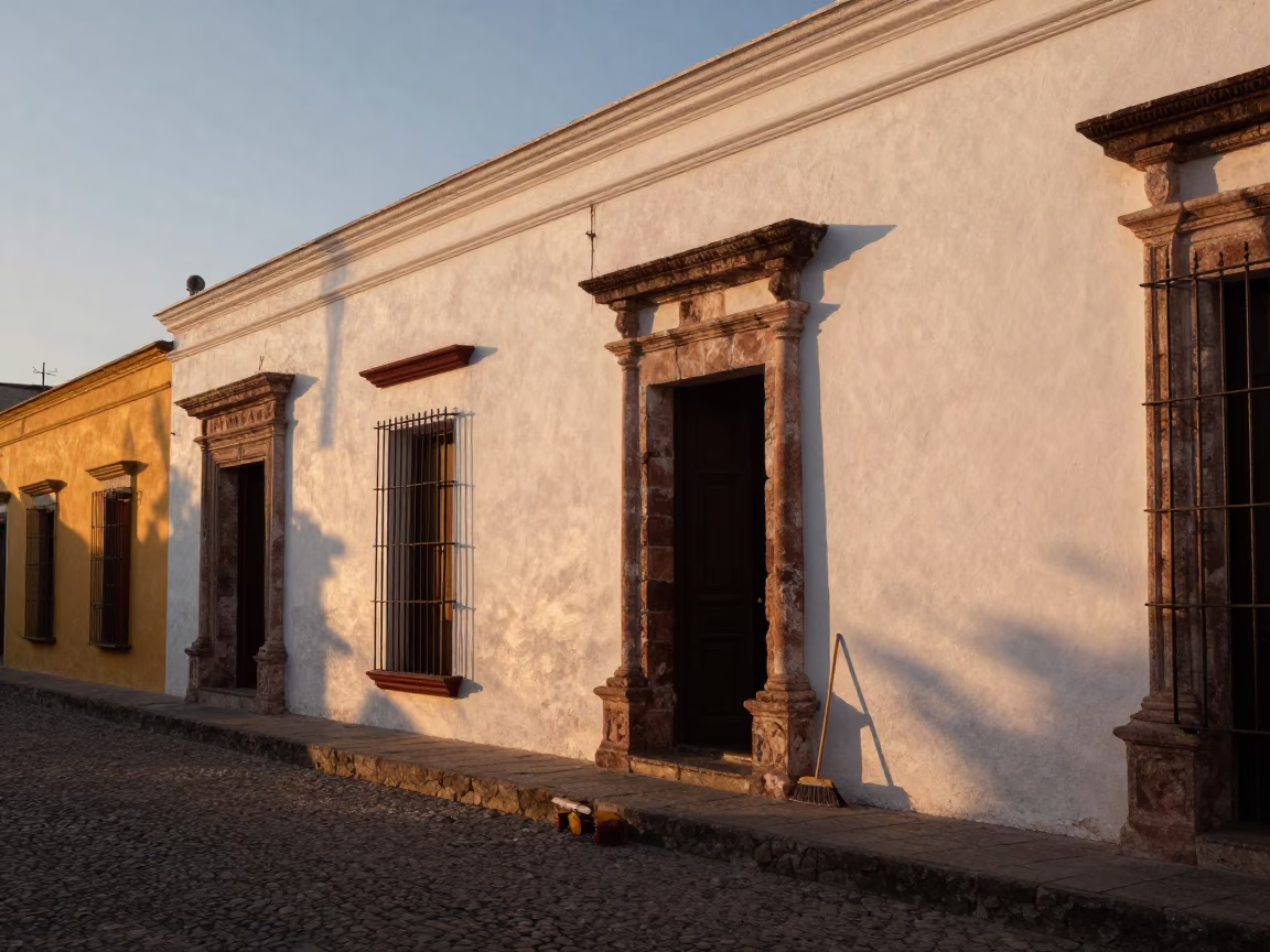 Merida Mexico evening street scene with colonial architecture and local life at sunset in in Merida, Mexico