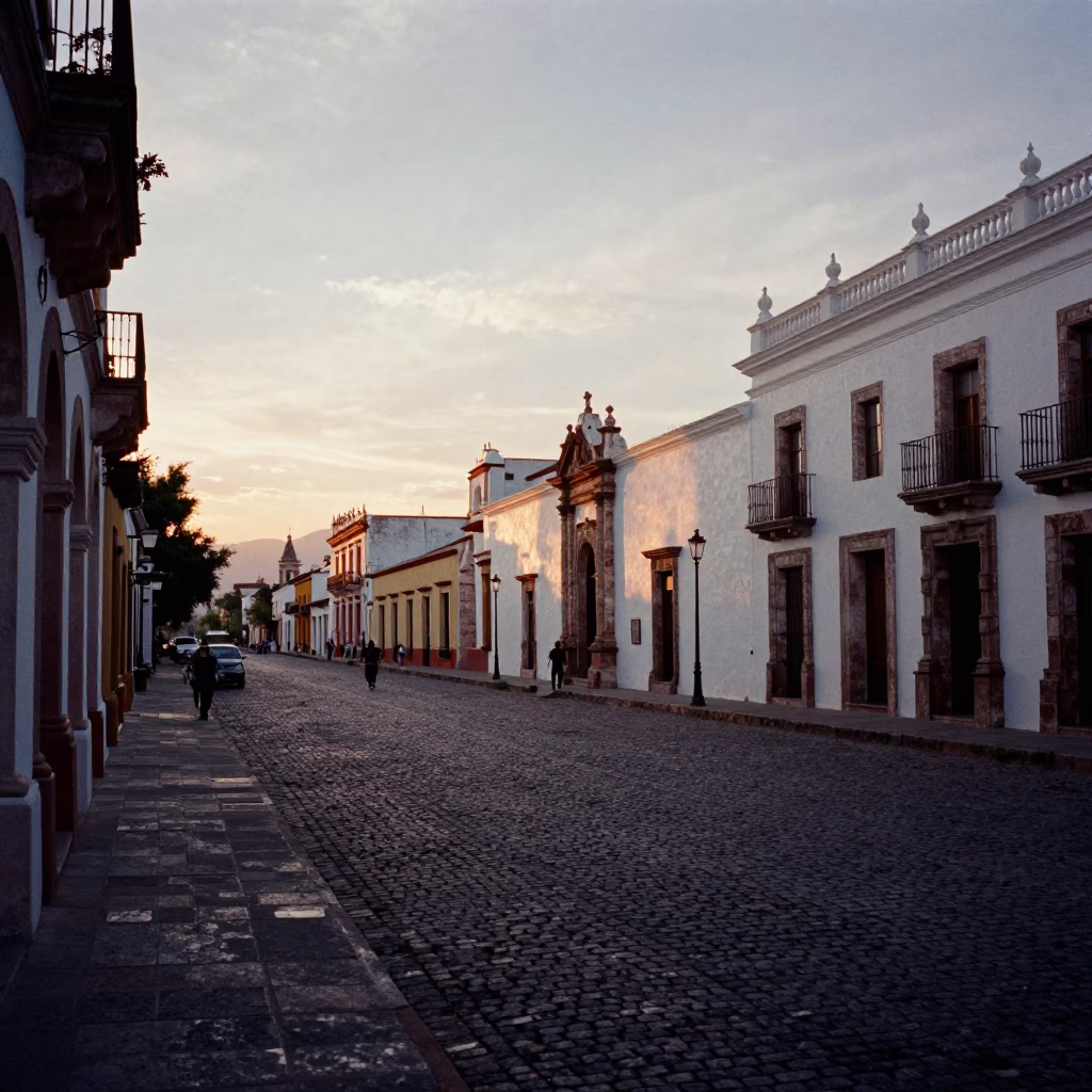 Merida Mexico Evening Street Scene with Colonial Architecture and Local Life in in Merida, Mexico