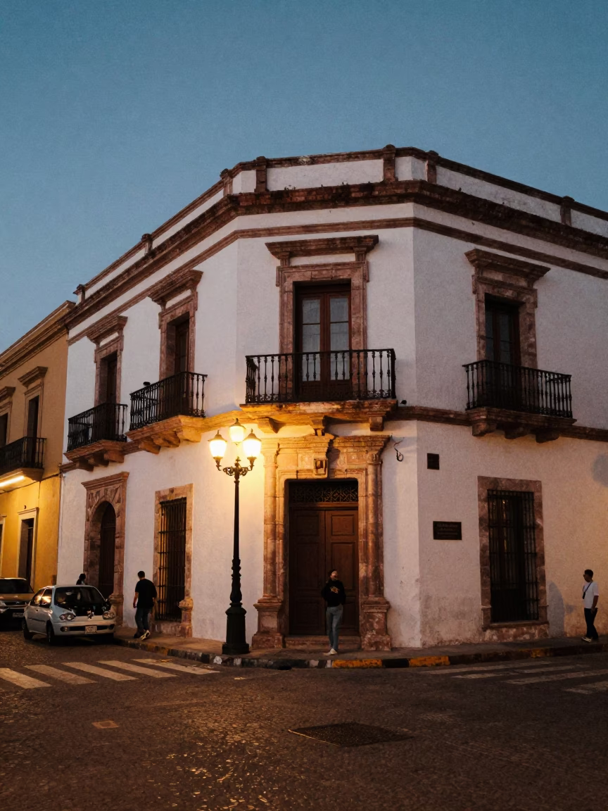 Merida Mexico Evening Street Scene with Colonial Architecture and Warm City Lights Glowing in in Merida, Mexico
