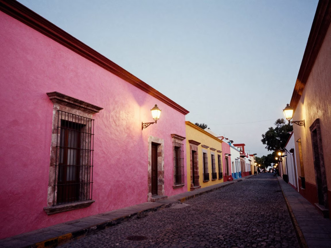 Merida Mexico Evening Street Scene with Colorful Facades and Local Life in in Merida, Mexico