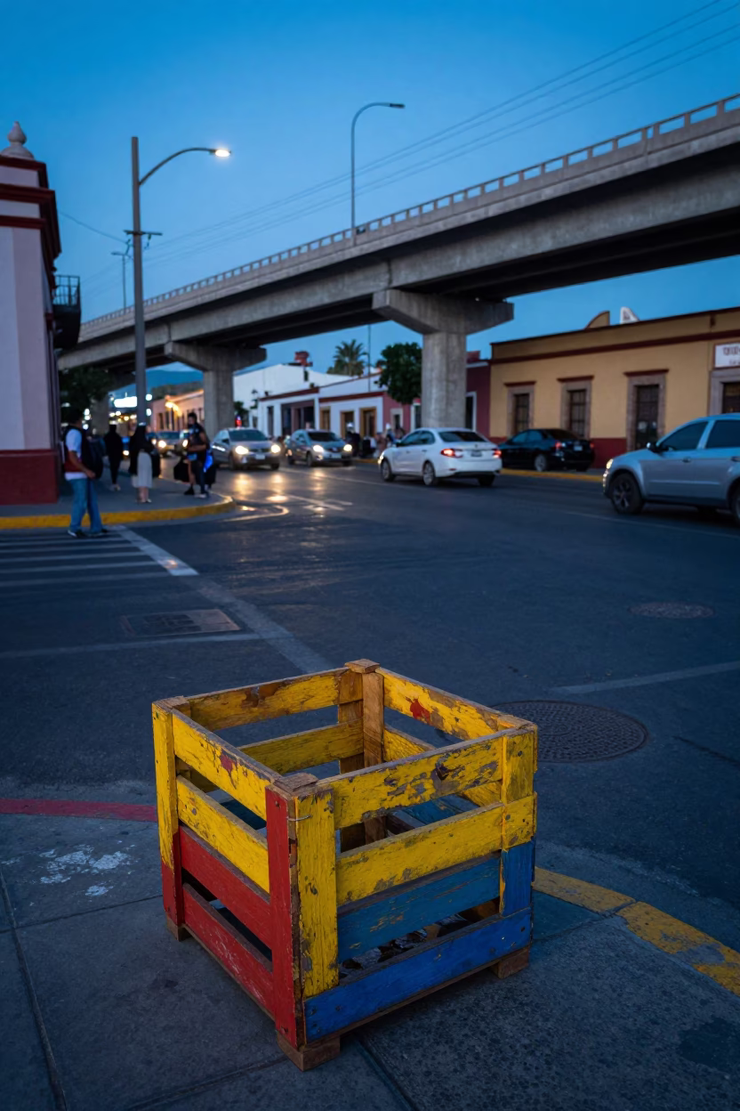 Merida Mexico Evening Street Scene with Colorful Painted Crate and Taillight Streaks in in Merida, Mexico