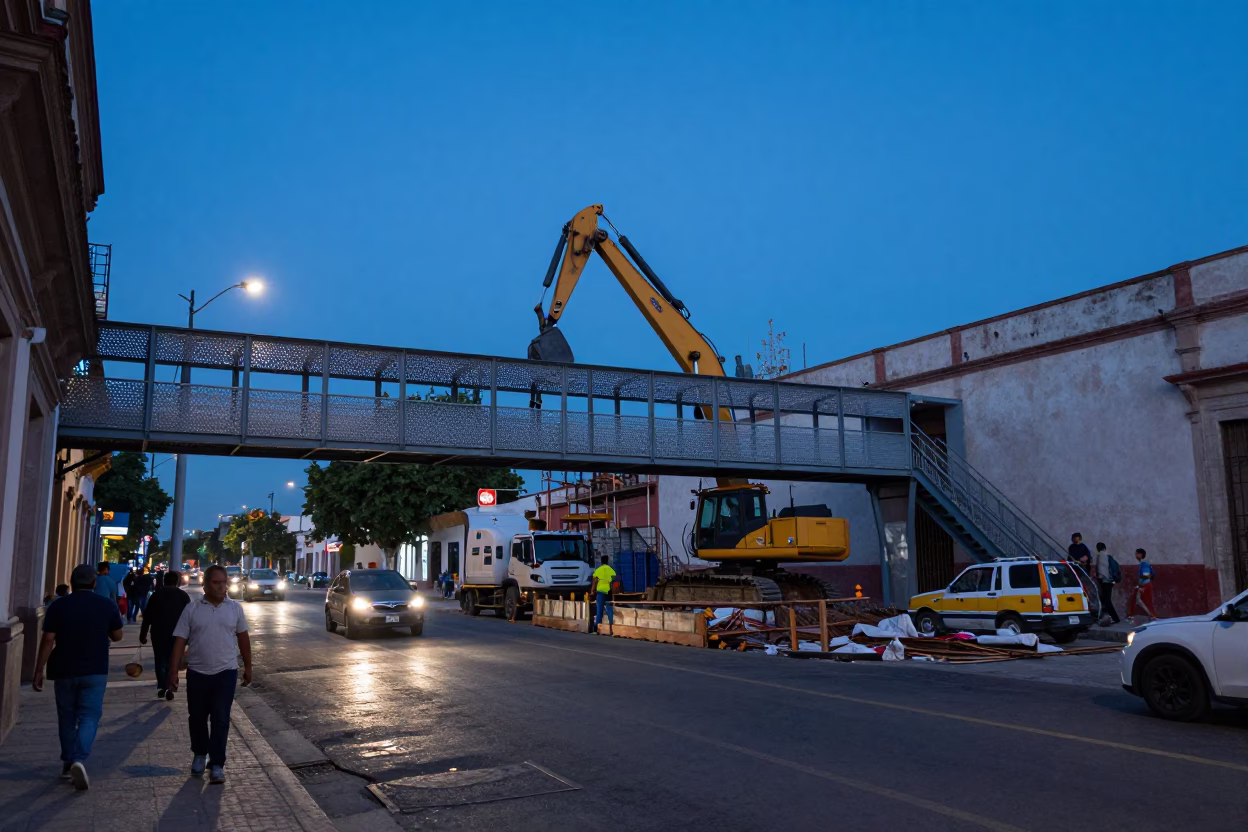 Merida Mexico Evening Street Scene with Construction and Pedestrian Activity in in Merida, Mexico