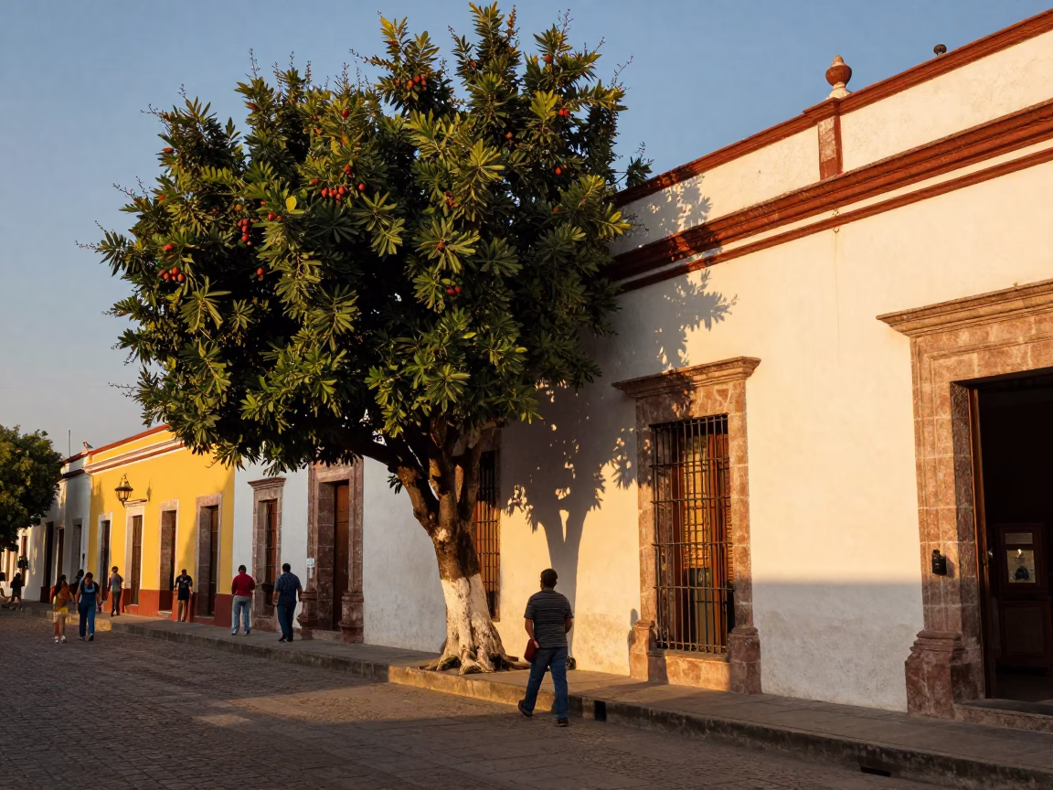 Merida Mexico Evening Street Scene with Fig Tree and Local Market Activity in in Merida, Mexico