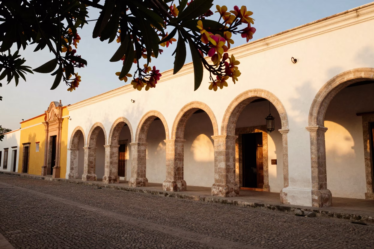 Merida Mexico Evening Street Scene with Frangipani Branch and Colonial Architecture in in Merida, Mexico