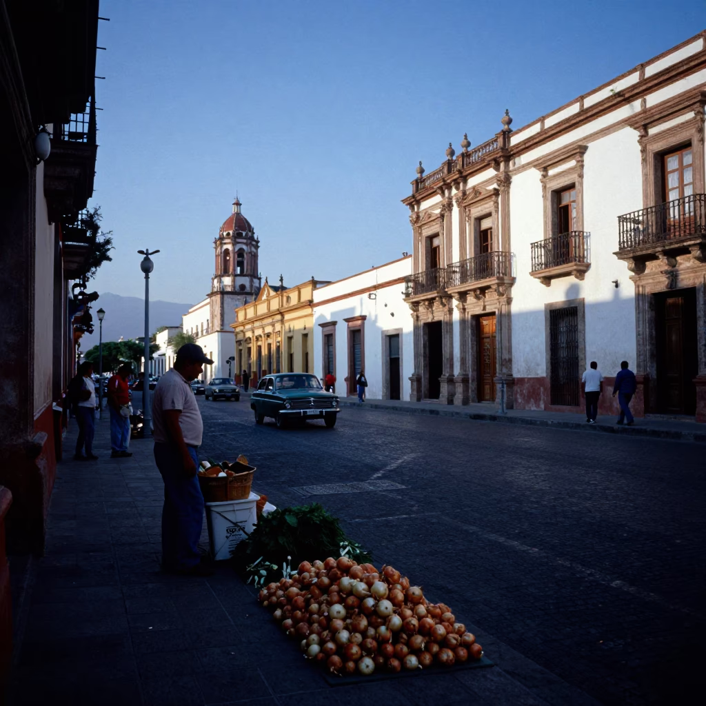 Merida Mexico Evening Street Scene with Fresh Onions and Vintage Car in in Merida, Mexico