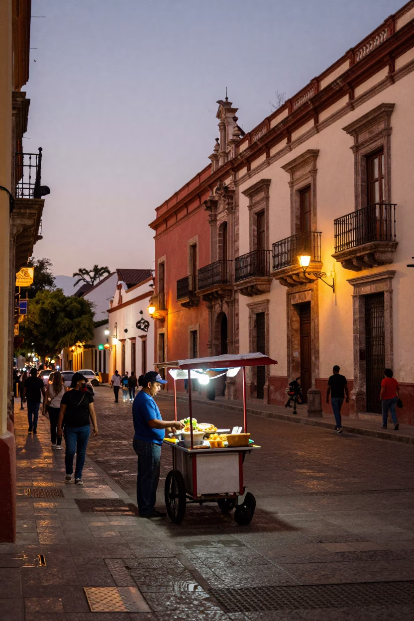 Merida Mexico Evening Street Scene with Local Food and Urban Details in in Merida, Mexico