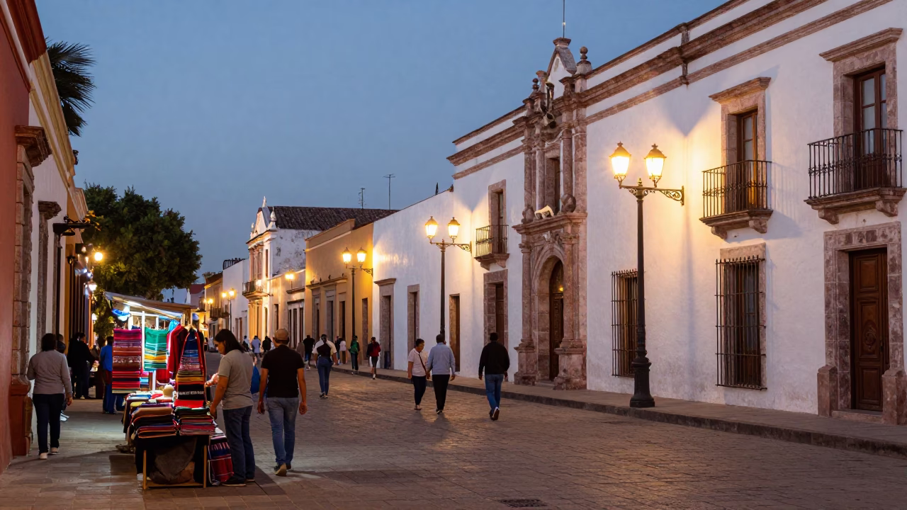 Merida Mexico Evening Street Scene With Local Life And Colonial Architecture in in Merida, Mexico