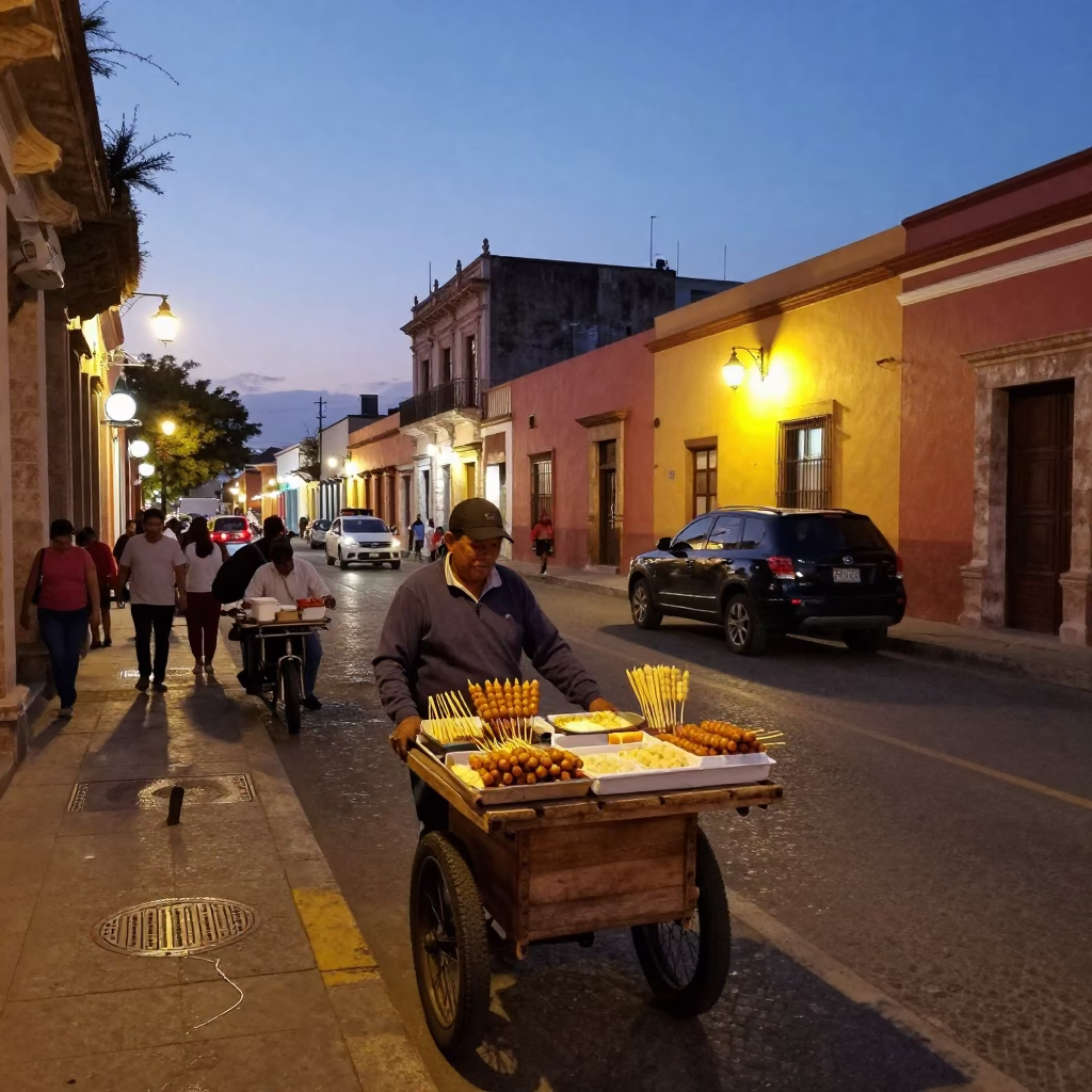 Merida Mexico Evening Street Scene with Local Vendor and Colorful Colonial Architecture in in Merida, Mexico