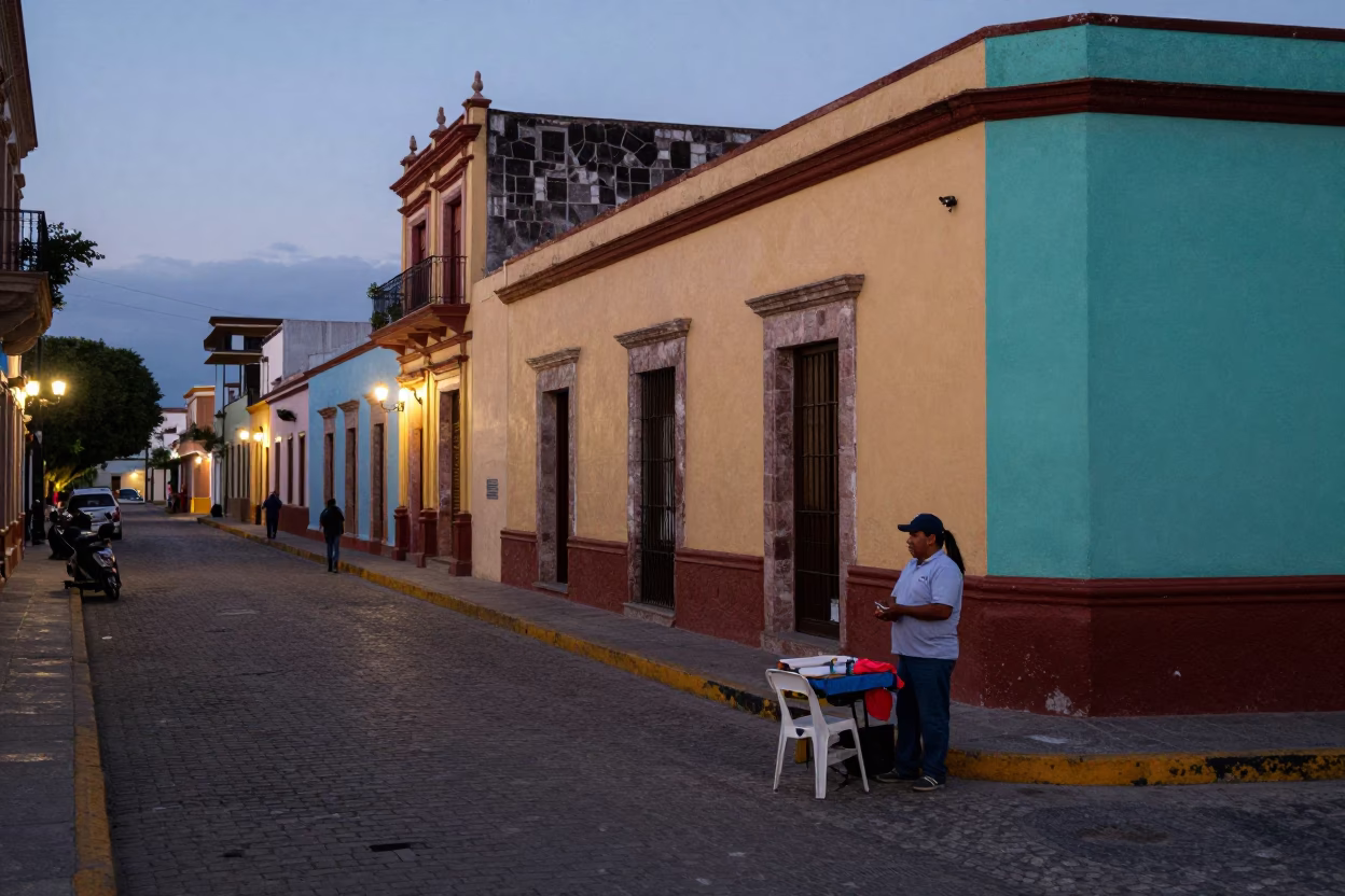 Merida Mexico Evening Street Scene with Local Vendor and Colorful Facades at Dusk in in Merida, Mexico