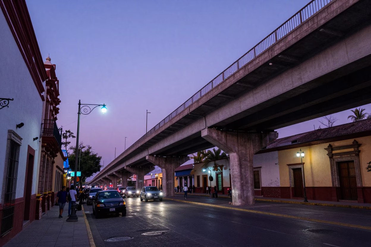 Merida Mexico Evening Street Scene with Overpass and Local Life in in Merida, Mexico