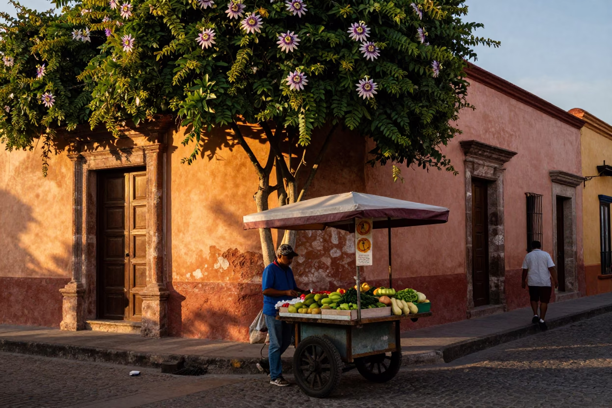 Merida Mexico Evening Street Scene with Passion Flower and Vintage Parasol in in Merida, Mexico