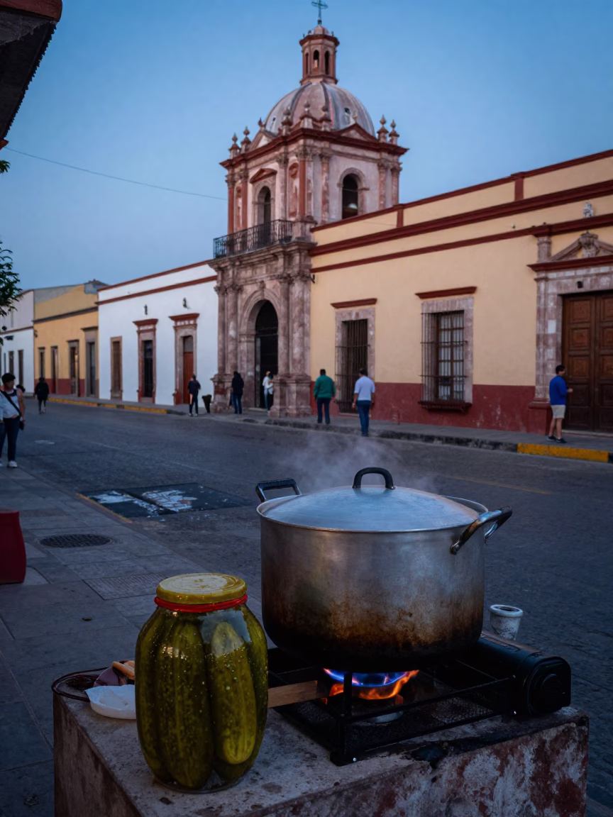 Merida Mexico Evening Street Scene with Pickle Jar and Cooking Pot in Blue Light in in Merida, Mexico