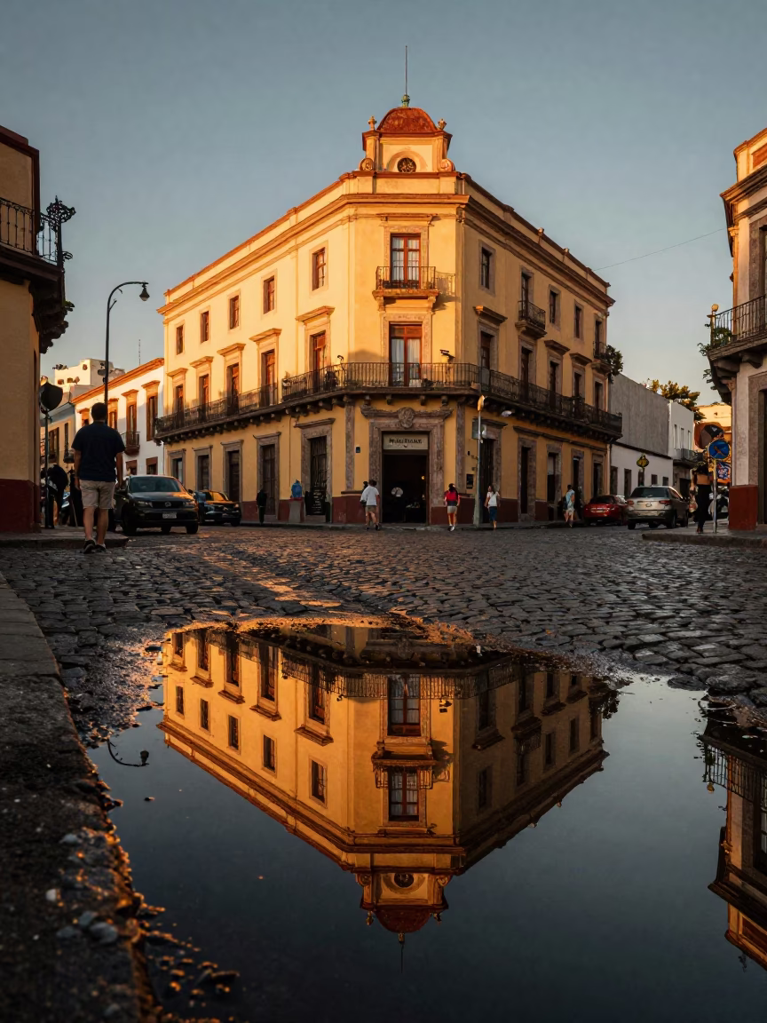 Merida Mexico Evening Street Scene with Puddle Reflections of Hotel Windows and Tail Lights in in Merida, Mexico