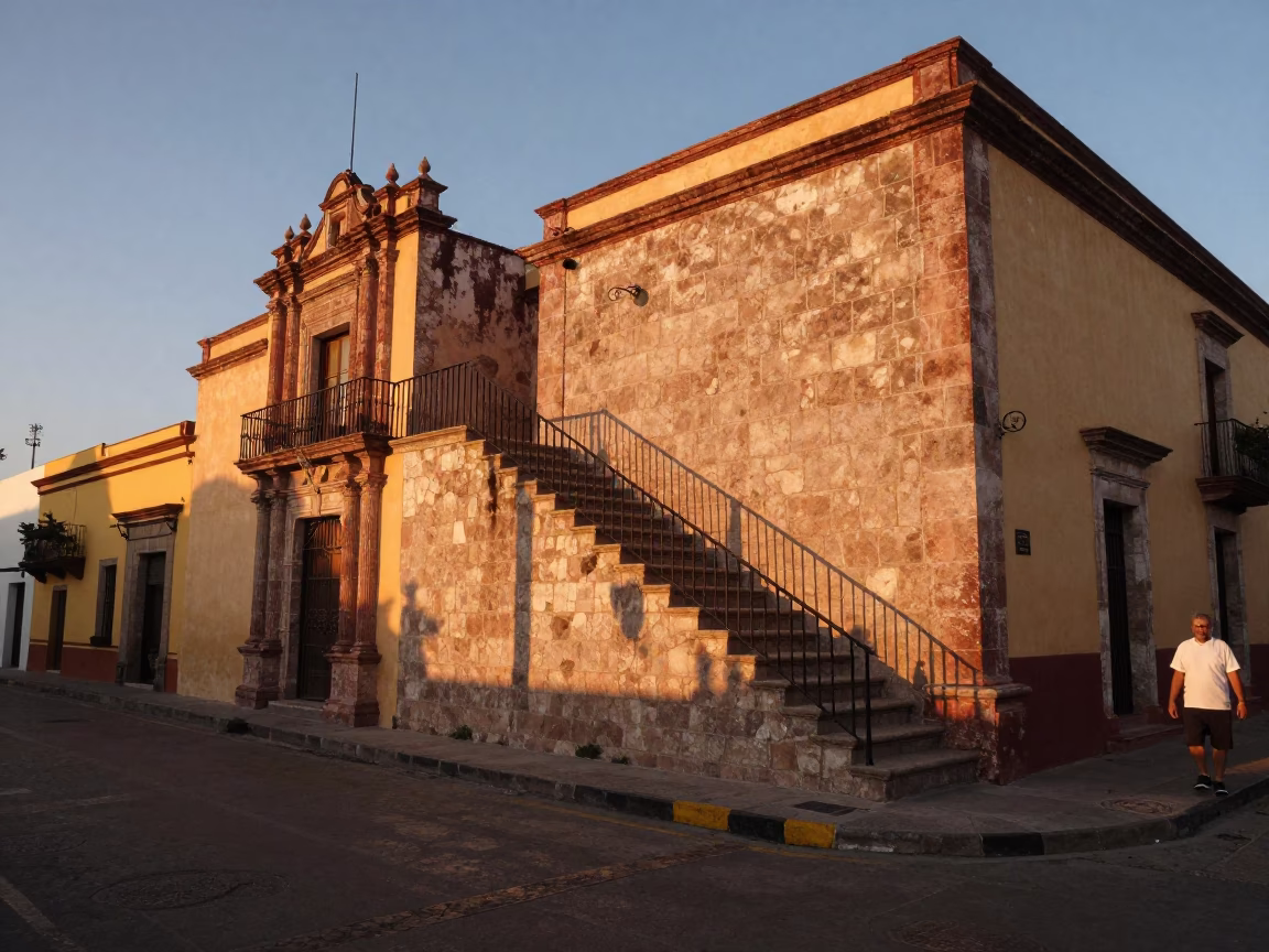 Merida Mexico Evening Street Scene with Stair Rail and Local Market Activity in in Merida, Mexico
