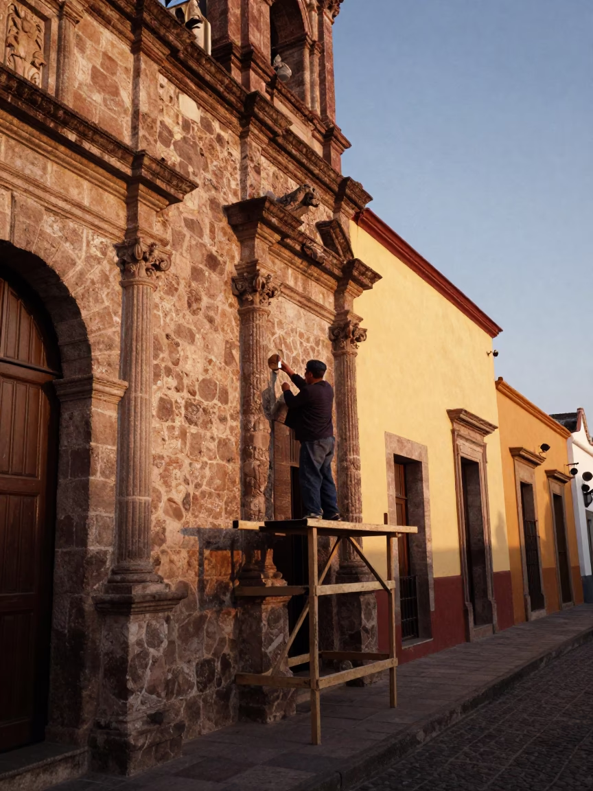 Merida Mexico Evening Street Scene with Stone Mason and Prayer Beads in in Merida, Mexico