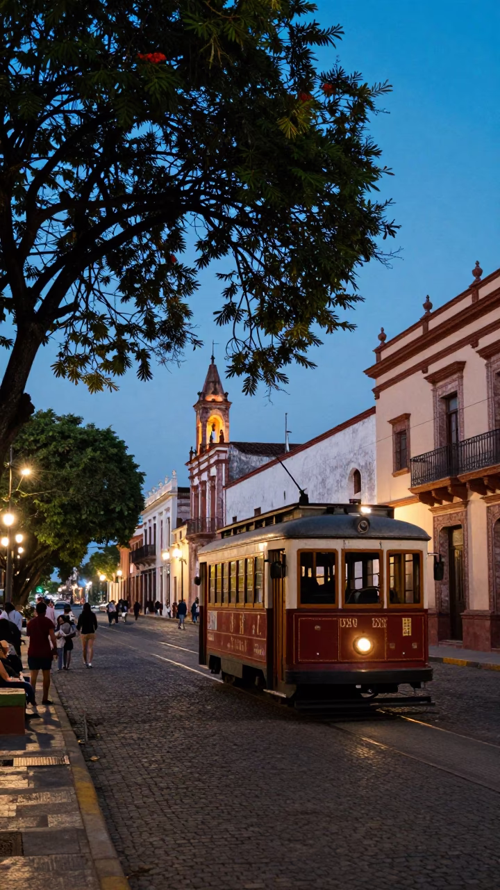 Merida Mexico Evening Street Scene with Tamarind Tree and Heritage Tram in in Merida, Mexico