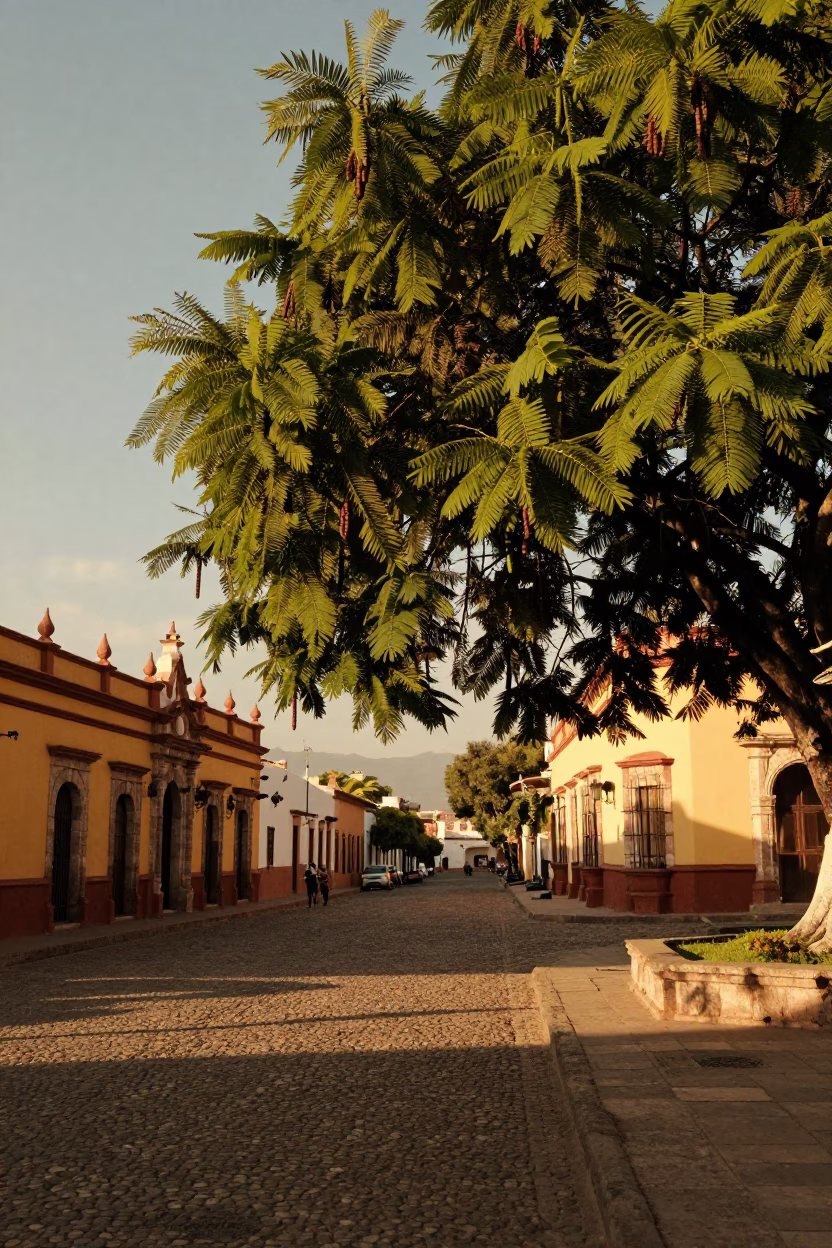 Merida Mexico Evening Street Scene with Tamarind Tree and Local Life in in Merida, Mexico